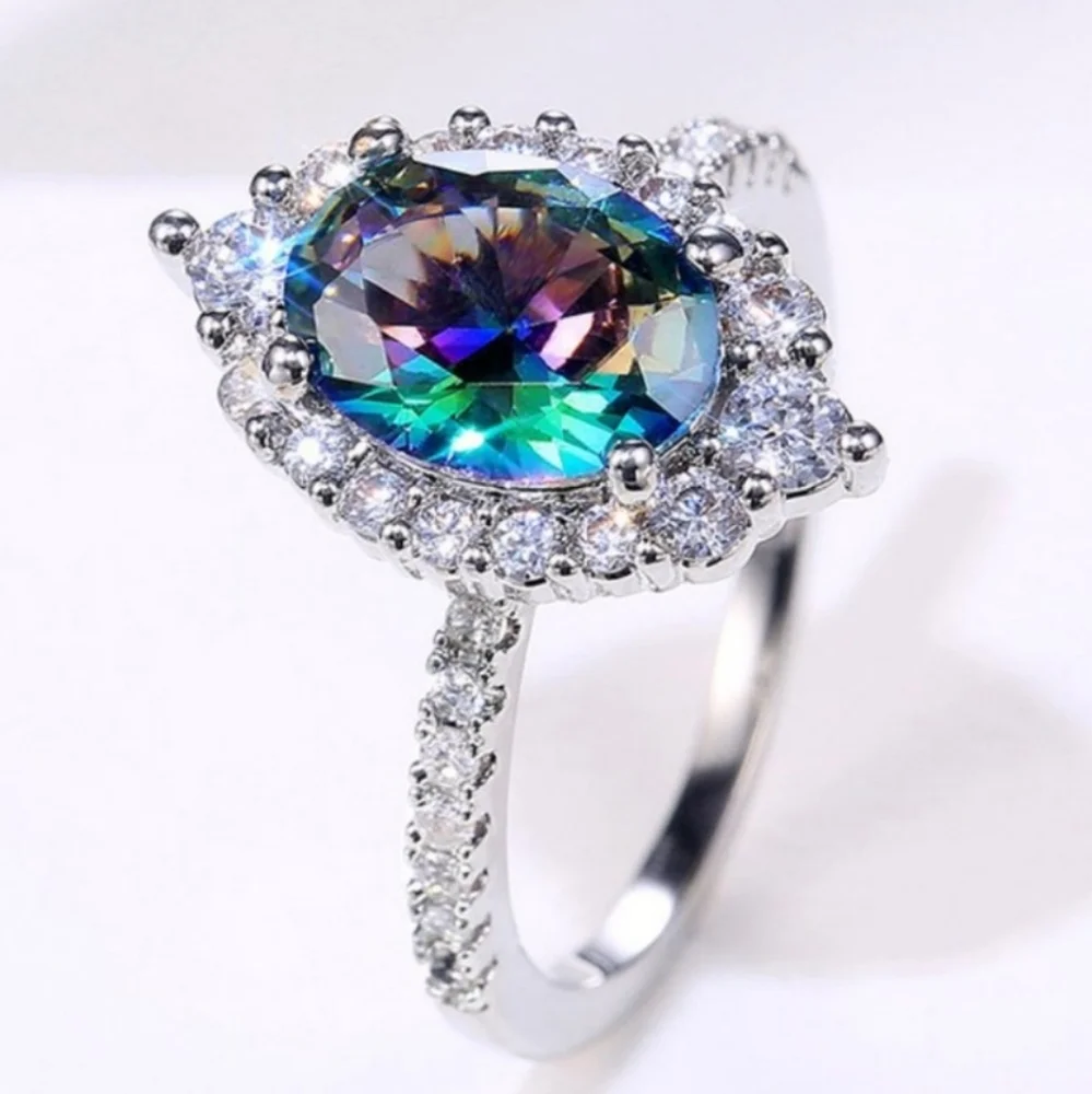 Oval Mystic Topaz Diamond Halo Silver Tone Ring - Picture 1 of 4